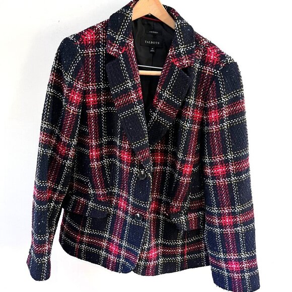 Talbots‎ Womens Aberdeen Plaid Tweed Wool Blend Blazer Size 14 Red/Black - Picture 1 of 5